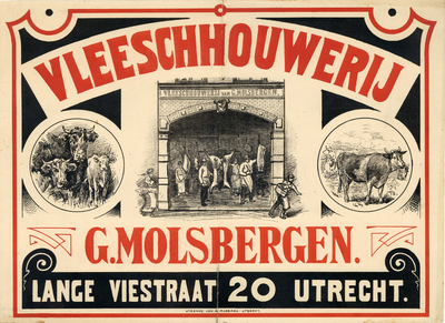 750366 Affiche van de Slagerij G. Molsbergen (Lange Viestraat 20) te Utrecht.